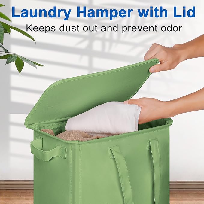 Slim Laundry Hamper with Lid and Wheels, Small Rolling Laundry Basket with Handle for Small Spaces, Tall Dirty Clothes Hampers for Dorm, Bathroom and Bedroom, 55L, Soga Green