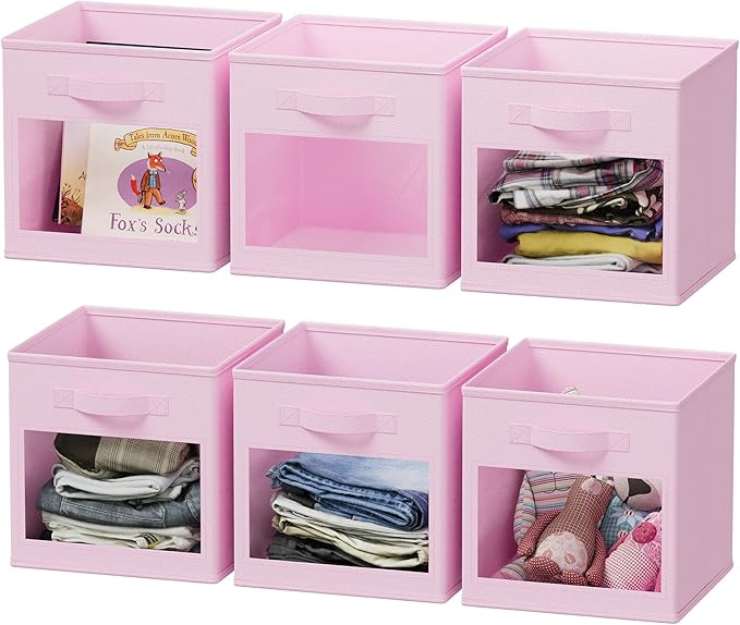 SpaceAid Storage Cubes with Clear Windows, Set of 6 Fabric Bins, 11 Inch Foldable Baskets Boxes for Closet, Cubby Shelf or Cube Storage Organizer, Pink
