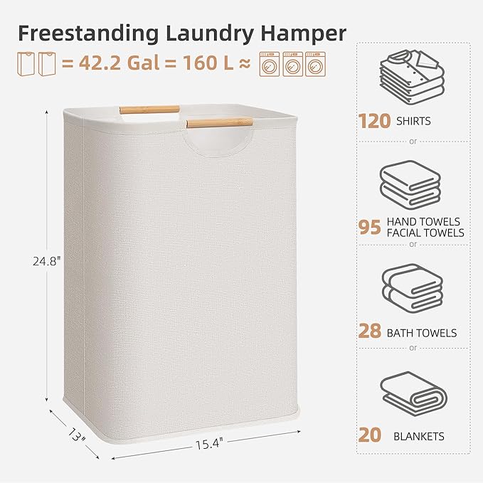 STORAGE MANIAC 2-Pack Large Laundry Hamper, 80L (21.1 Gal) Collapsible Laundry Basket with Bamboo Handles, Freestanding Waterproof Clothes Hamper for Laundry Room, Bedroom, Dorm, Towels, Toys, Beige