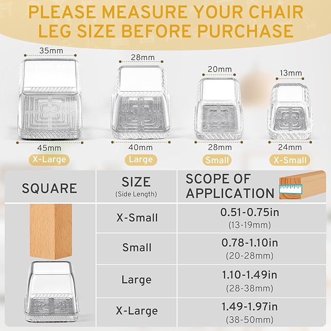 24PCS Square Chair Leg Floor Protectors, Furniture Sliders, Chair Leg Protectors for Hardwood Floors, Non-Slip Felt Furniture Pads, Silicone Cap Covers to Protect Floors, (Fit 1.5" - 2")