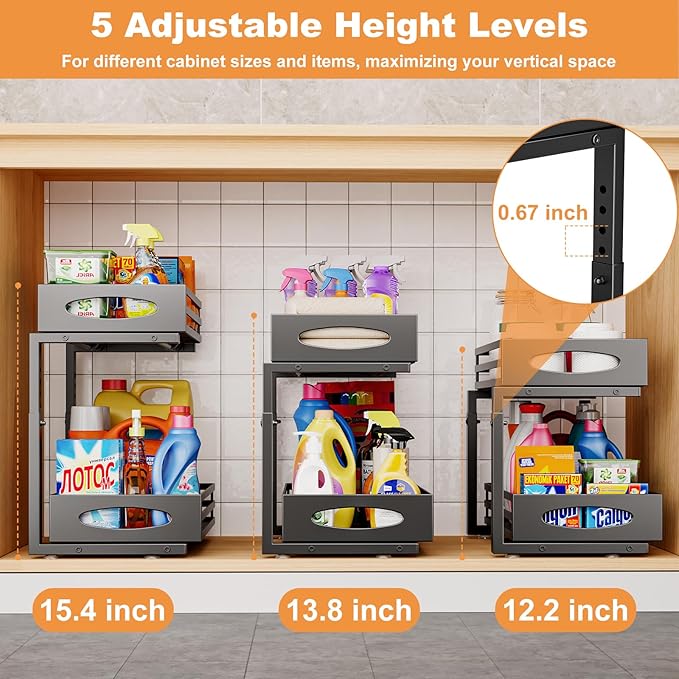 Under Sink Organizer, 2 Tier Under Sink Organizers and Storage, Adjustable Height, Slide out Metal Cabinet Organizers, Pull out Cabinet Storage Drawer Shelf for Kitchen Bathroom Black 2Pack