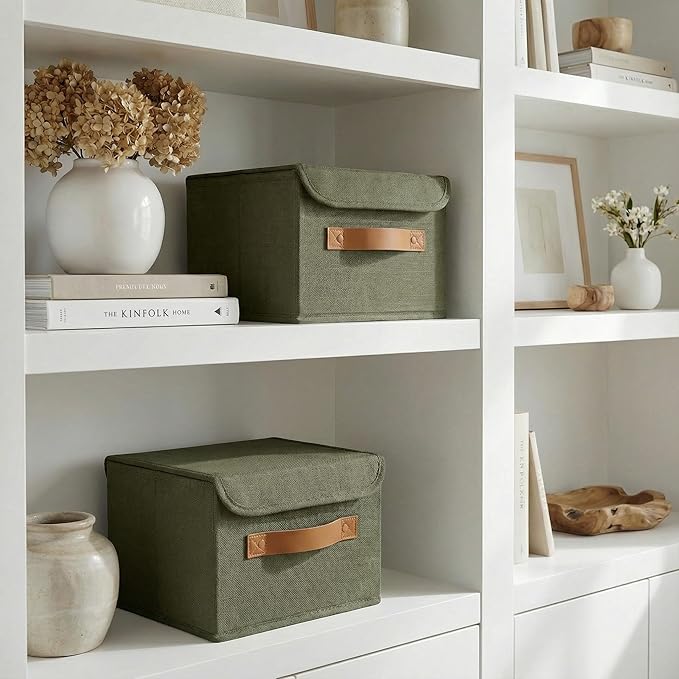 Decorative Linen Storage Boxes with Lids - Spacious Set of 2 Organizer Bins for Your Home Decor - The Perfect Small Container to Safely Store Photos, Documents and Memory Box Keepsakes in Style