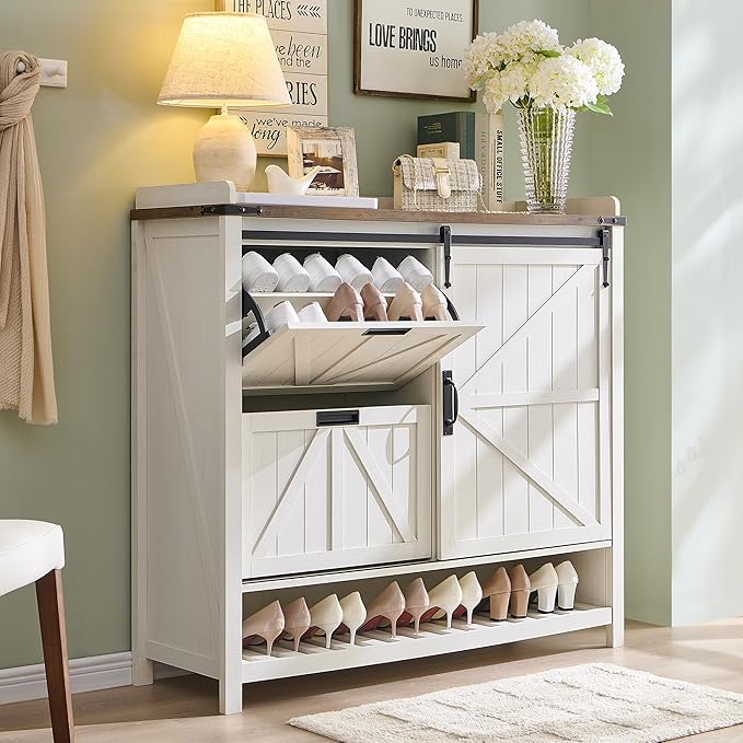OKD Shoe Storage Cabinet with 2 Flip Drawers & Sliding Door, Farmhouse Entryway Shoe Organizer, Freestanding Rustic Hidden Shoe Rack Cabinet for Entryway, Antique White
