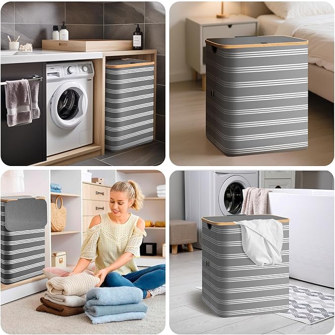 BALEINE Laundry Hamper with Lid, Tall Laundry Baskets with Bamboo Pull Handles, Large Laundry Bin with Internal Support (36 Gal/140L, Grey Pinstripe)