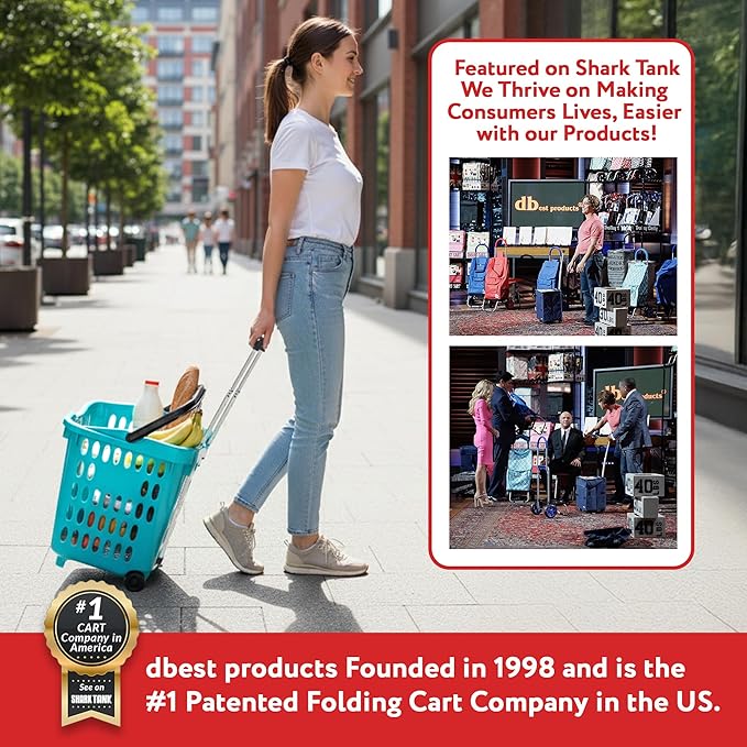 dbest products Bigger GoCart Grocery Cart Rolling Shopping Laundry Basket on Wheels Hamper with Telescopic Handle Cleaning Caddy Trolley, Teal, Bigger 1 pack