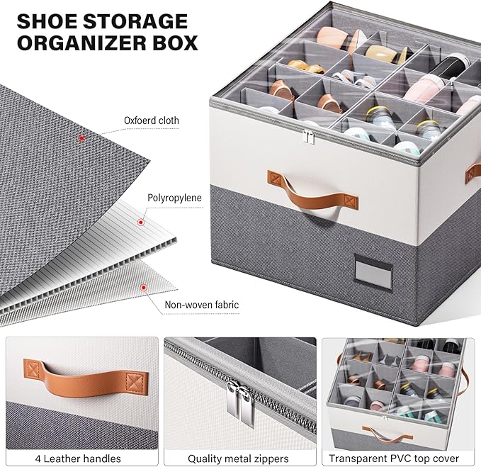 2 Pack Shoe Organizer for Closet, Fits Up to 16-32 Pairs, Foldable Shoe Storage Organizer, Shoe Containers with Clear Cover, Large Shoe Boxes Boot Storage, Adjustable Dividers