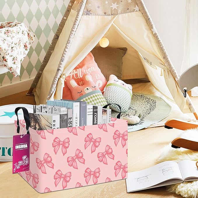 Rectangular Storage Basket Fabric Organizer Bin for Toys,Books,Clothes,Gifts,Pets-Perfect for Home,Office,Nursery,Dorm,Shelf(Rec-Pink bowknots )