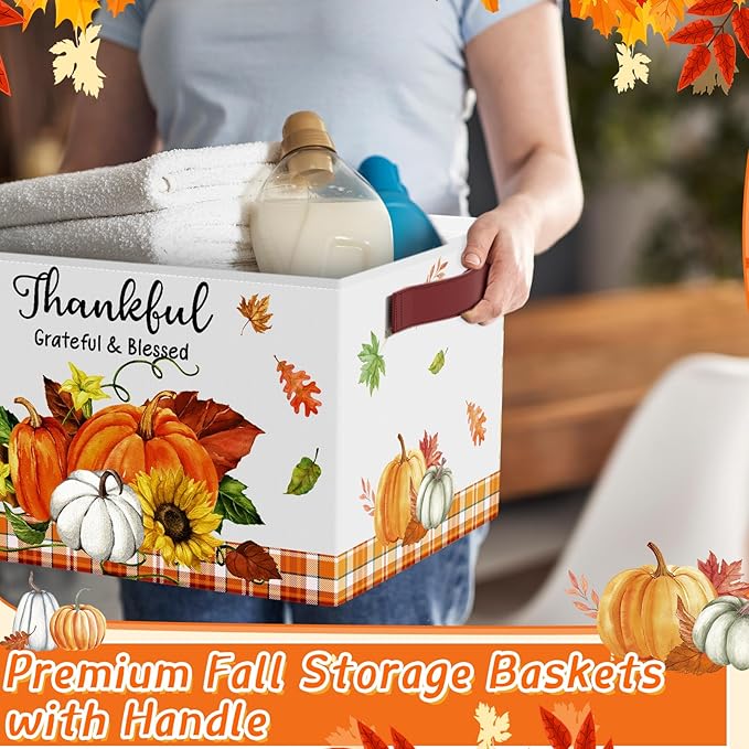 Boao 3 Pack Thanksgiving Storage Gifts Baskets Empty Autumn Storage Bins, Large Foldable Pumpkin Scarecrow Fall Harvest Canvas Laundry Basket with Handle for Office Home Nursery Bedroom Clothes