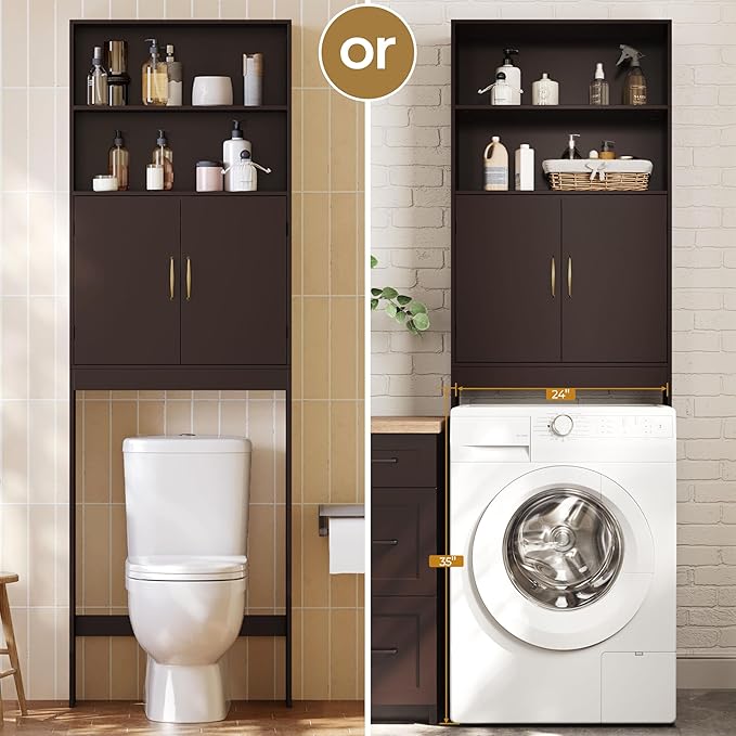 Yaheetech Over The Toilet Storage, Taller Bathroom Organizer Space-Saving Storage Cabinet with Adjustable Shelves and Double Doors, 77 in H, Espresso