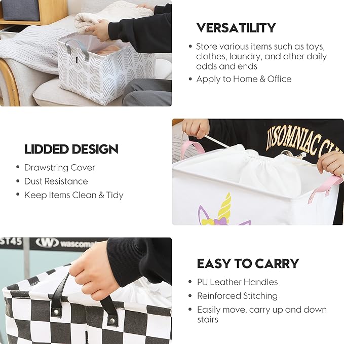 Hinwo 2-Pack Large Canvas Fabric Storage Basket with Handles, 33L/8.6-Gal Rectangle Bin, Collapsible Storage Box, Clothes, Toys, Blankets Organizer, 16.5 x 12 x 10 Inches (L, Black Checkerboard)