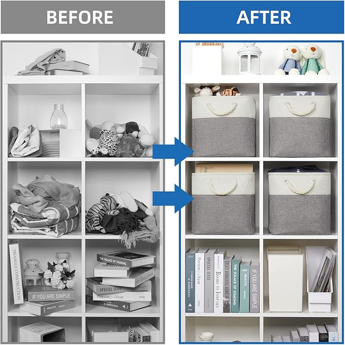 Temary Fabric Storage Baskets for Organizing, Grey Basket for Shelves, Collapsible Baskets with Handles for Shelves, Home, Closet (White&Gray)