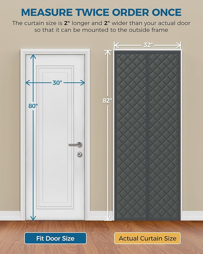 Magnetic Thermal Insulated Door Curtain Fits Door Size 30 x 80 Inch, Insulation Cover for Cold, Oxford Cloth Thicken Cotton Filled Blanket for Front Back Attic Door in Winter, Grey