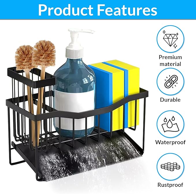 Rustproof Stainless Steel Sponge Holder for Kitchen Sink – small Sink Caddy Organizer with Rotating Drain Spout & High Brush Holder – No-Drip Kitchen Sink Organizer for Soap Dispenser.