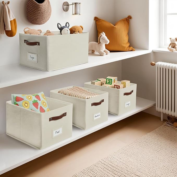DECOMOMO Storage Baskets for Shelves - Large 15"x11"x10" Foldable Fabric Storage Bins, Baskets for Organizing with Labels (Beige, 4pcs)