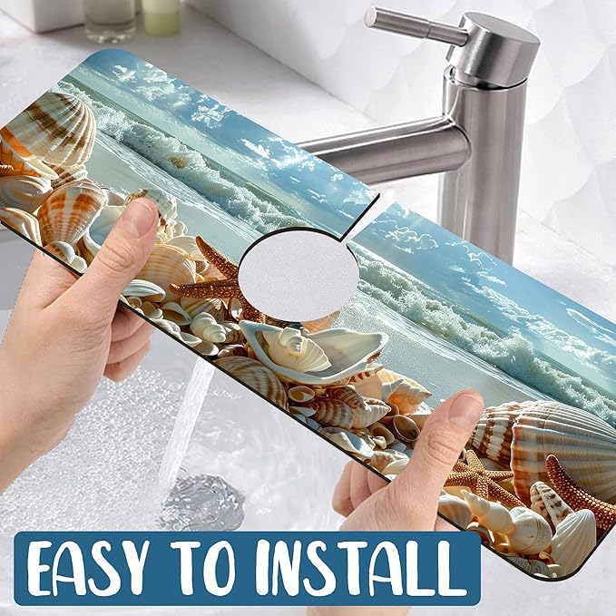 Beach Kitchen Sink Splash Guard Faucet Mat Shells Starfish Waves Super Absorbent Fast Drying Mat Sink Splash Guard Behind Faucet for Kitchen Bathroom, 15.5"x5.5"