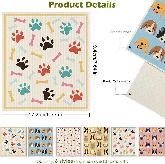 6 Packs Swedish Paper Cloths for Kitchen, Reusable Paper Towels Washable Dish Rags, Highly Absorbent Kitchen Towels Quick Drying Swedish Sponge Cleaning Dish Cloths(Dogs Feet)