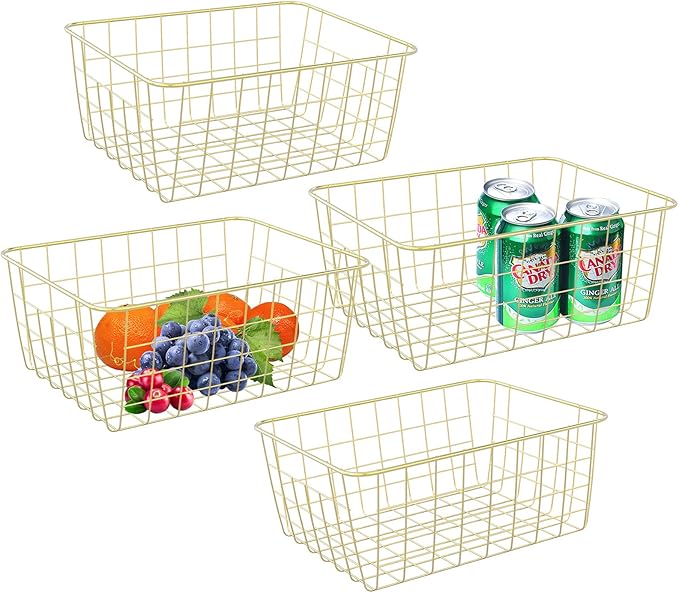 Gold Wire Baskets for Organizing, Metal Storage Baskets with Handles, Sturdiness Small Wire Storage Basket Organizer Bins for Pantry Kitchen Bathroom, 4 Pack
