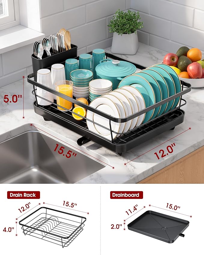 Stainless Steel Dish Drying Rack for Kitchen Counter, Sink Organization and Storage Essentials with Silverware & Utensil Holder, Home and Apartment Decor, 12''W x 15.5''L, Black