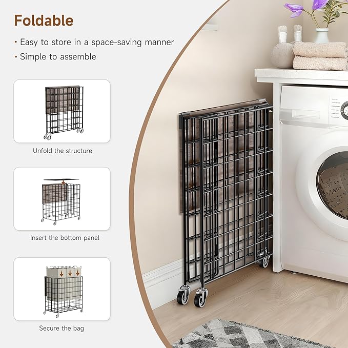 Laundry Basket with Wheels, Heavy Duty Laundry Sorter 3 Sections, 140L (37Gal.) Large Capacity Laundry Hamper with Wood Lid, 360 Rolling Wheels, Extra Side Pocket, Leather Pull Handle (Beige)
