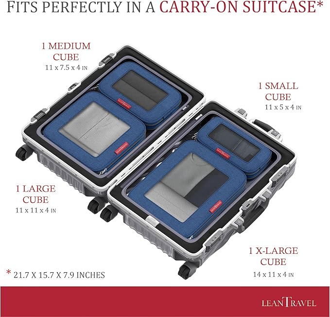 LeanTravel Compression Packing Cubes for Travel Organizers with Double Zipper 4 pack - Navy Color