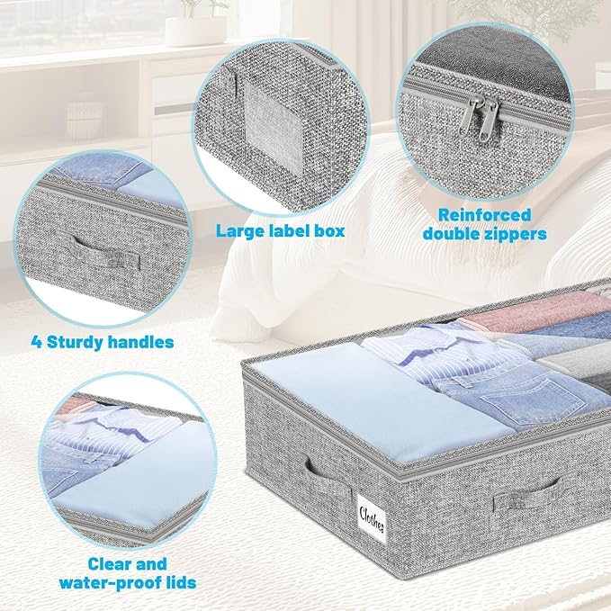 2 Pack 100L Under Bed Storage Containers, Low Profile Closet Organizers and Storage Bins for Dorm, Foldable Underbed Bag for Clothes, Blanket, Sheets, Wrapping Paper, Clear Window & Dual Zippers, Grey