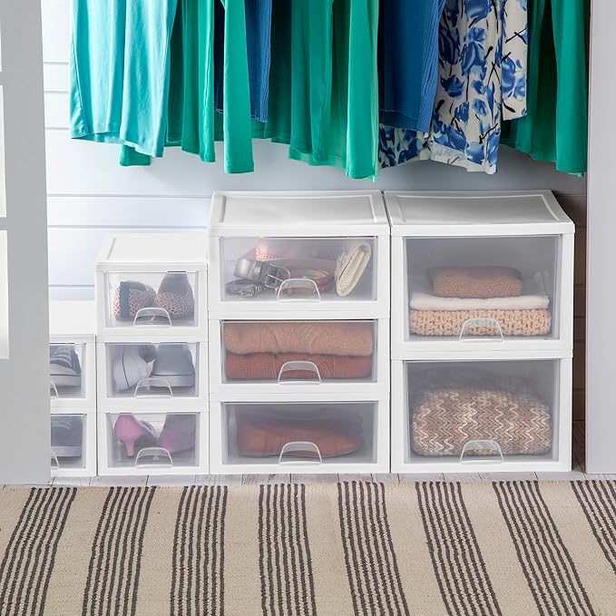 Sterilite 18-Pack 16 Quart Stacking Drawer, Clear Storage Closet Organizer, White Frame - Stackable Modular Plastic Drawers for Clothes, Accessories, Craft Supplies, Shoes or Linens