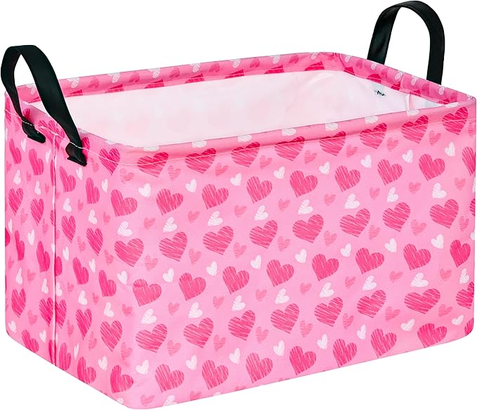 Girls Storage Basket Heart Print Storage Cube for Women, Closet Shelf Organizer Bins Empty Gift Basket with Handles Girls Nursery hamper Kids Toys Books Box Room Deco