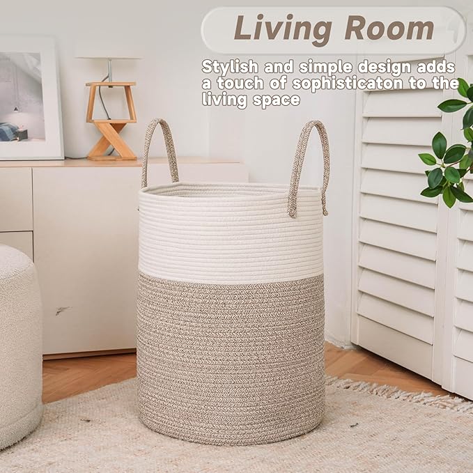 Large Woven Laundry Basket Hamper,60L Cotton Rope Storage Bin for Blankets,Toys and Clothes,Decorative Tall Nursery Hamper for Living Room,Baby Nursery,Bathroom and Bedroom,Brown