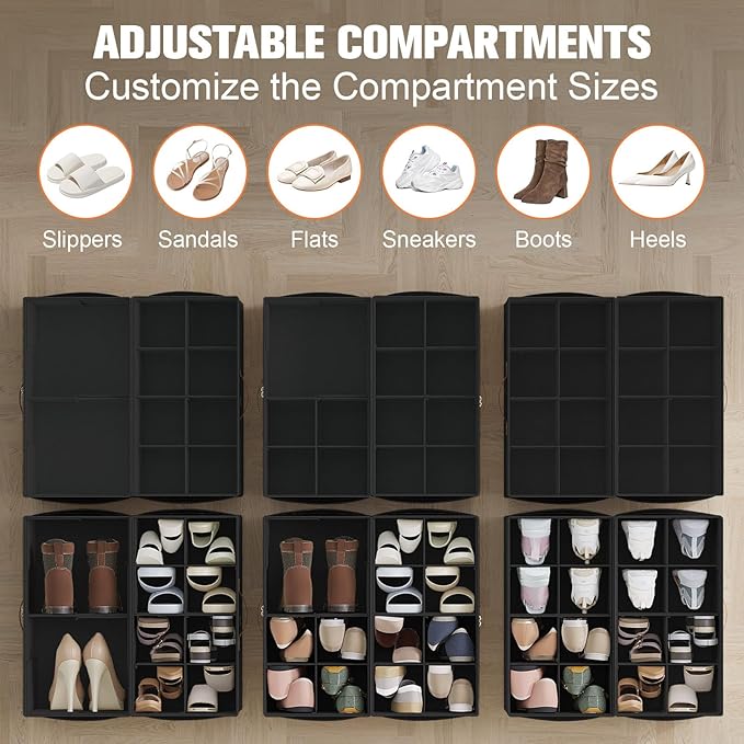 2 Pack Shoe Organizer for Closet,Foldable Shoe Storage Organizer with Adjustable Dividers, Shoe Storage Box with Clear Cover, Fits up to 16 Pairs, Black