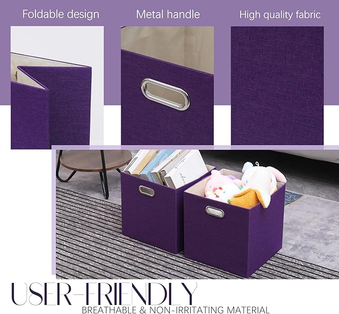Collapsible Organization Basket Fabric Foldable Box with Handles, 11x11 Cube Storage Bins Set of 4, Thick and Heavy Duty Storage Baskets for Shelves Bedroom Livingroom,Purple