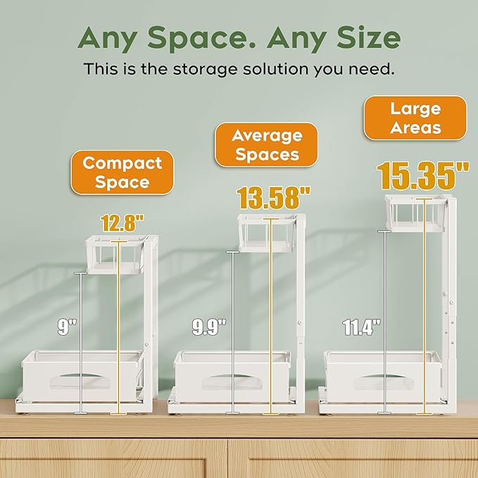 Under Sink Organizer and Storage, Height Adjustable Cabinet Organizer with Slide Out Drawer, Pull Out Under Sink Storage, Multi-Purpose 2 Tier Sink Shelves for Kitchen Bathroom Pantry (White, 1 Pack)