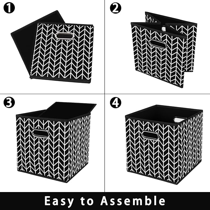 Fabric storage bins Cubes, Fabric Cube Organizer with Handle, Foldable Cube Bins for Cloth or Accessary Storage, 11x11x11, Set of 6, (Black Leaf)