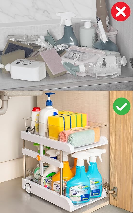 GAROOD All-in-One Multipurpose Sink and Height Adjustable Bathroom Cabinet Organizer with Pull Out Drawers, Spice Rack drawer, Sink Sponge Holder, Makeup Organizers, and under sink organizer - 1 pack