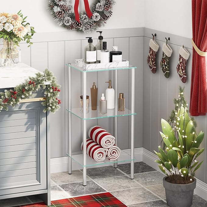 HOOBRO Glass Shelf, 3 Tier Bathroom Standing Shelf Unit, Tempered Glass Shelving Stand for Small Space, Perfume Stand Organizer, Space-Saving, for Bathroom, Bedroom, Steel Frame, Silver SV03CJ01