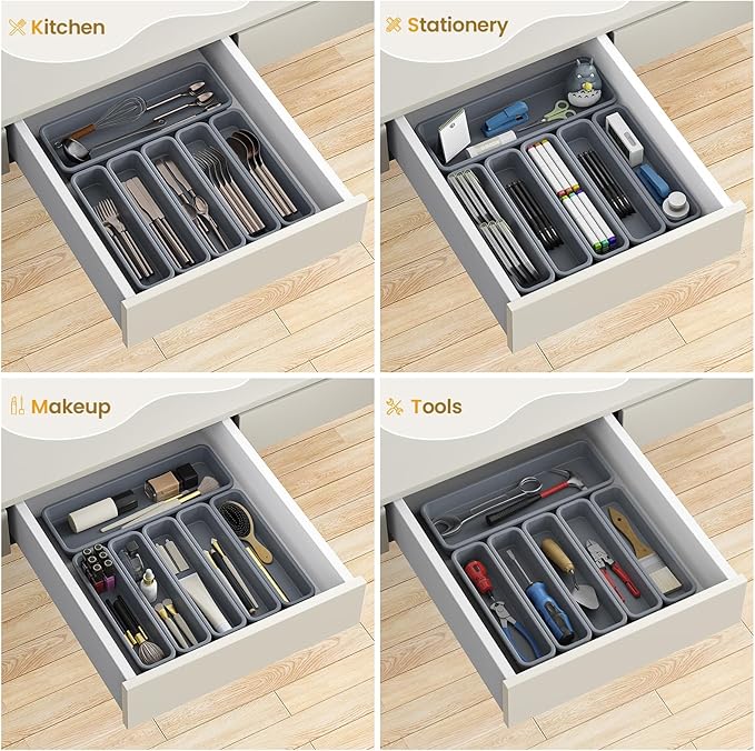 6 Pack Silicone Drawer Organizer for Kitchen, DIY Free Combination Silverware Organizer, Utensil Drawer Organizer, Moisture-proof and Heat-resistant up to 200°C, Anti-slip Design (Grey)