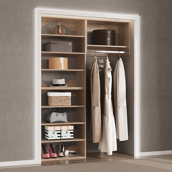 Modular Closet System, 52" Wide Closet Organizer System with Towers and Hanging, Wood Closet Tower Storage for Walk In Closets, Wall Mounted Wardrobe Organizer Kit System, Bedroom, Wood