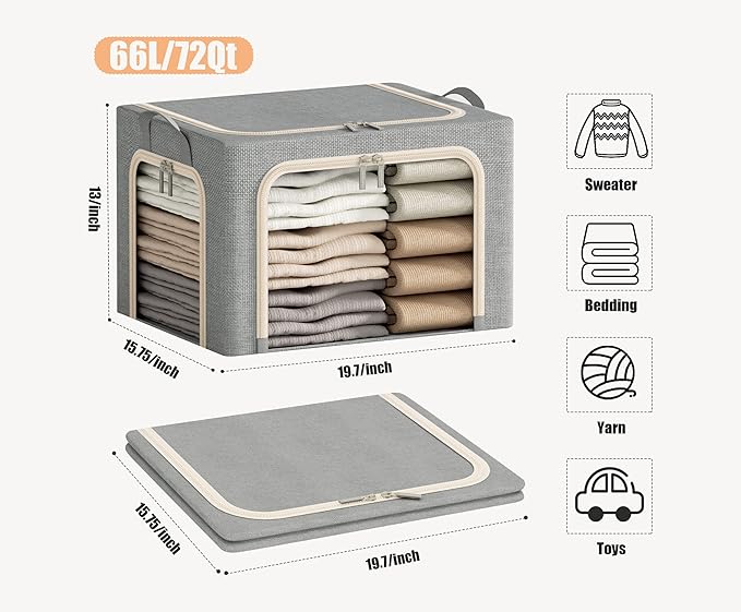 3 Opeings Large Clothes Storage Bins with Metal Frame, Foldable Storage Bin for Clothes, Clothing Storage Bins with Lid, Linen Storage Box With Clear Window＆ Zippers＆ Handles.(3 Pcs,Light Grey,66L)