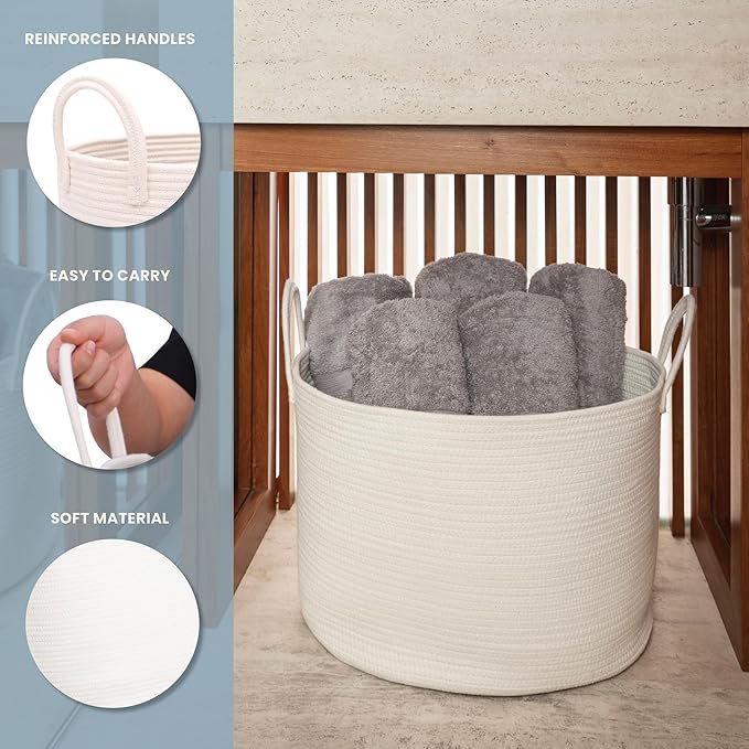 OrganiHaus Large Woven Storage Basket for Blankets and Toys 20" x 13" Inch, Rope Laundry Basket with Handles, Cushions & Pillows Storage Bin, Nursery Hamper, Soft Round Dog Toy Bin - Off-White