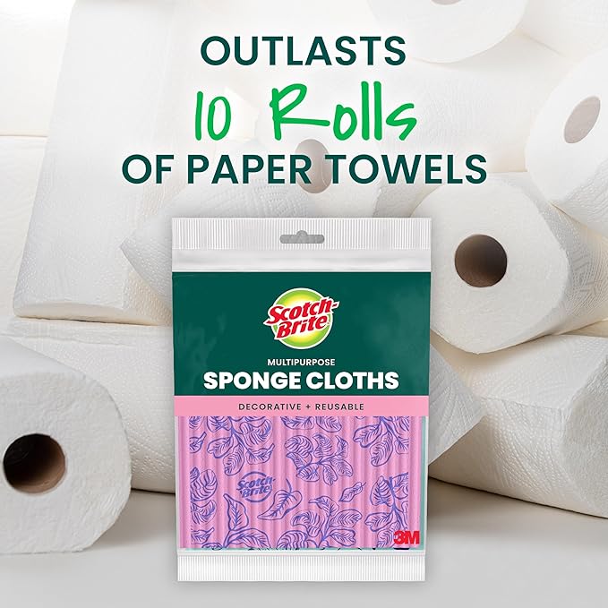 Scotch-Brite Sponge Cloths, Reusable, Absorbent, and Decorative Cleaning Towel, Dishwasher-Safe Wipes Ideal for Nonstick Cookware, Tile, Countertops, Mirrors, and Faucets, 2 Dish Towels