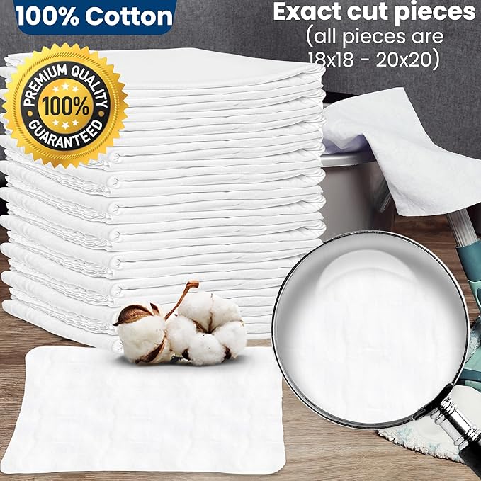 Nabob Wipers New Lint Free Cloth (75 Pack) - 100% Cotton Cleaning Rags Exact Cut - Premium White Rags for Cleaning House - White Rags for Dusting, Staining, Polishing, Painting 18"x18"