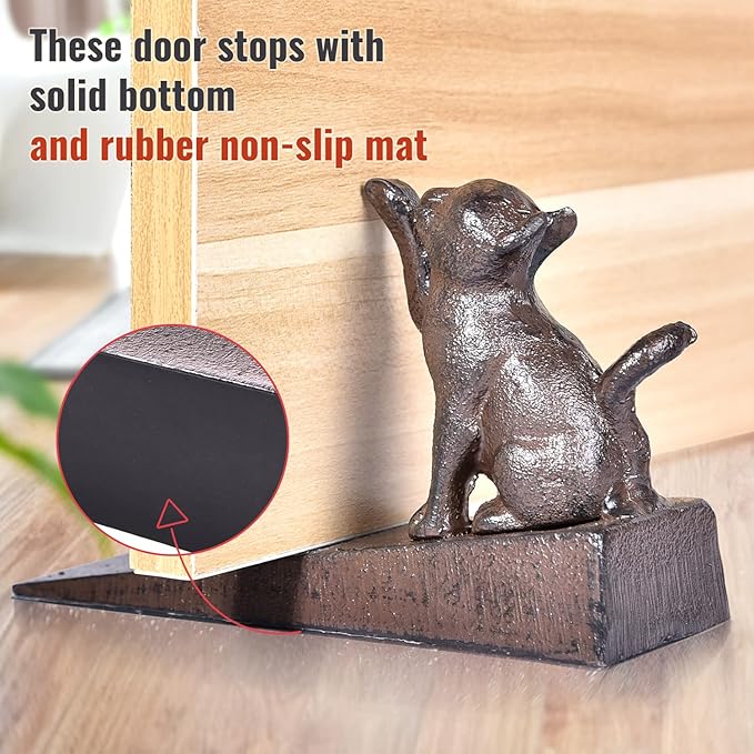 Sungmor Heavy Duty Cast Iron Cat Door Stops | Decorative Cute Animal Statue Metal Door Stopper Wedge with Non-Slip Mat | Solid & Antique Style Windproof Door Holder for Patio Yard Garden Farmhouse