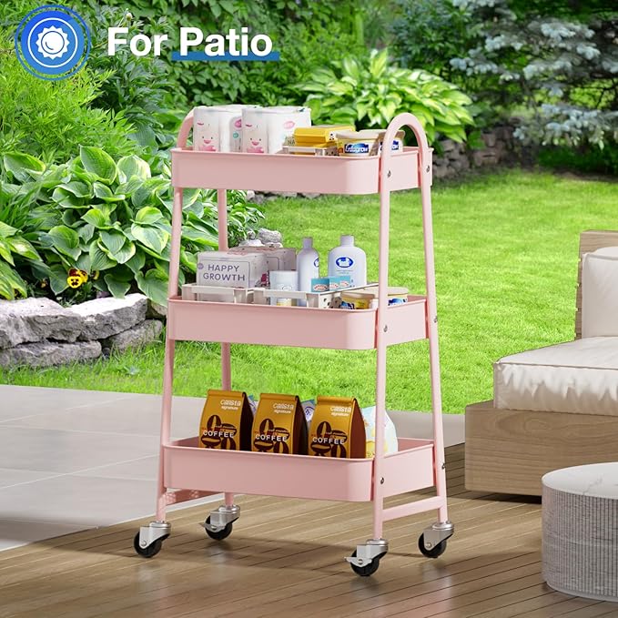 OLIXIS 3 Tier Utility Rolling Cart, Metal Mobile Storage Shelf with Lockable Caster Wheels, Organization for Livingroom, Bathroom & Narrow Places, Pink