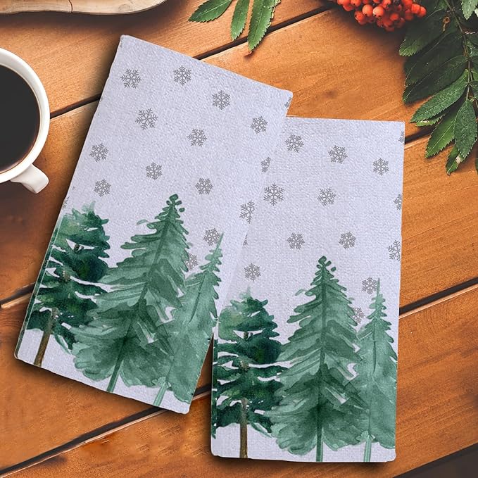 Christmas Kitchen Towels Set of 2 Green Xmas Tree Snowflake Dish Towel Tea Towels for Kitchen 16x28 Inch Absorbent Drying Cloth Cooking Baking Cleaning