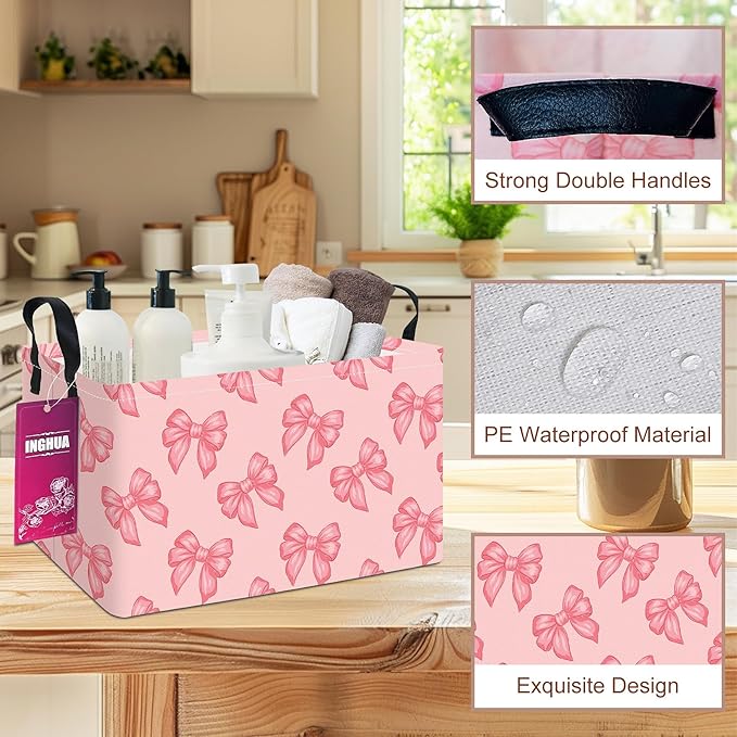 Rectangular Storage Basket Fabric Organizer Bin for Toys,Books,Clothes,Gifts,Pets-Perfect for Home,Office,Nursery,Dorm,Shelf(Rec-Pink bowknots )