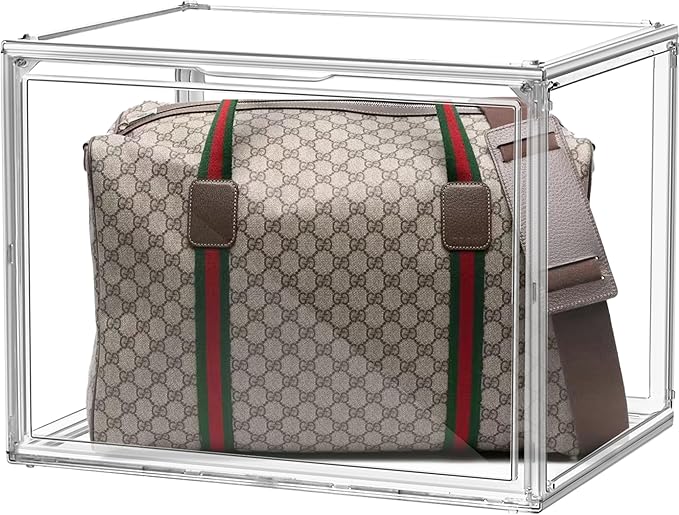 4 Pack XXX-Large Clear Purse Organizers for Closets 17.7"x13"x13" Acrylic Display Case Clear Shoes Storage Box Stackable Handbag Storage Organizers Helmet Display Cabinet Storage Bins with Lid