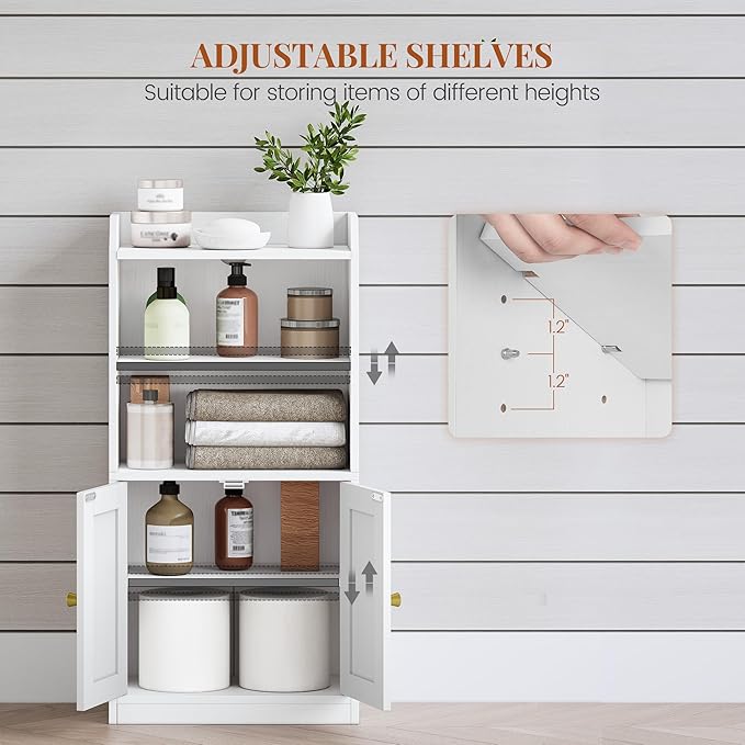 Small Bathroom Storage Cabinet, Bathroom Organizers and Storage with 2 Doors and Shelves, Floor Cabinet Freestanding with Adjustable Shelf for Small Spaces, White 7.9" D x 14.6" W x 29.6" H