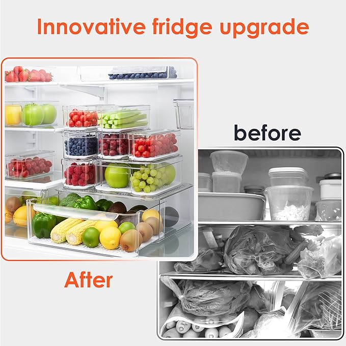 Fridge Organizers and Storage, 8 Pack Clear Freezer Organizer Bins with Lids for Kitchen, Pantry, Refrigerator, Food, Fruit, Vegetable Storage (8 Bins (Include Pull-out Drawer))