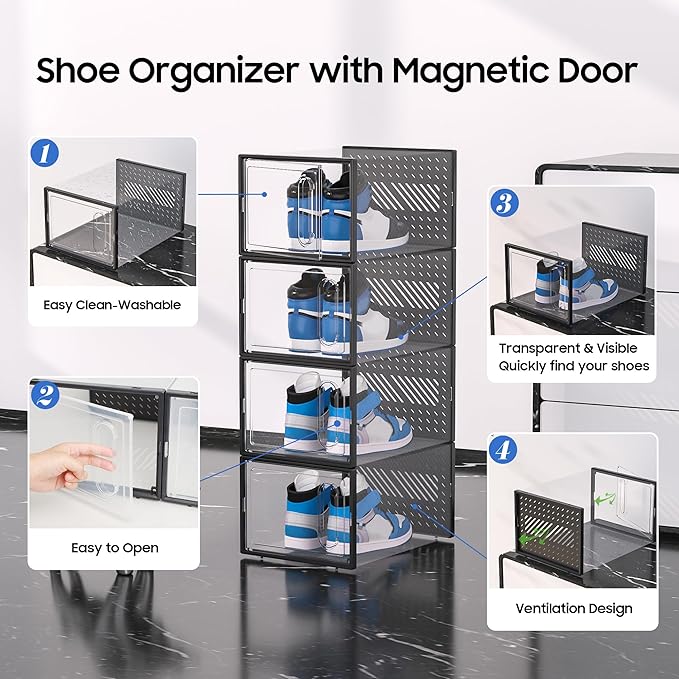 eWonLife X-Large Shoe Boxes with Magnetic Door, 12-Pack Stackable Shoes Storage Organizer for Closet, Clear Plastic Sneaker Container Shoe Rack for Size 12, Black