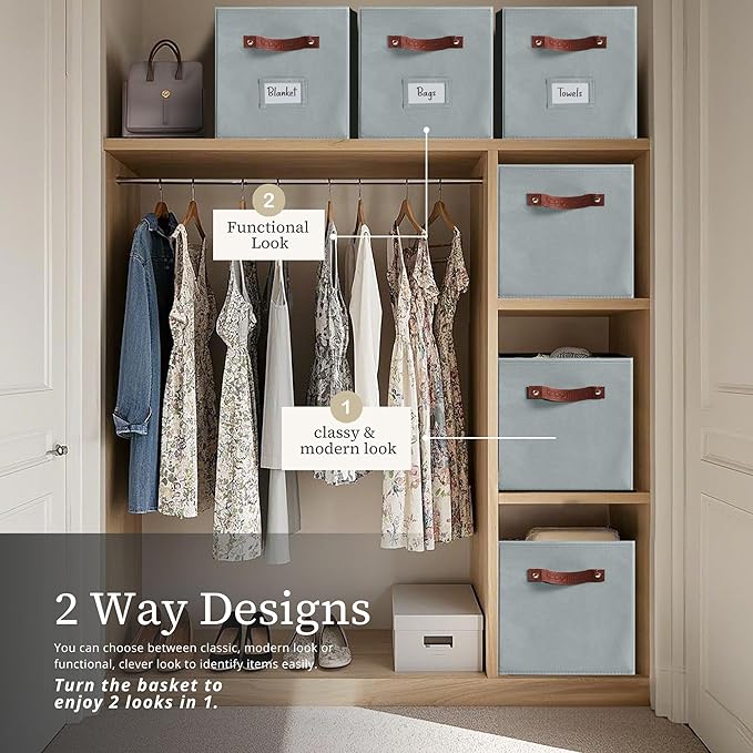 DECOMOMO Storage Baskets, 13x15x13 Storage Cube Bins with Labels for Organizing Shelves Kallax (Kallax / 4pcs, Grey)