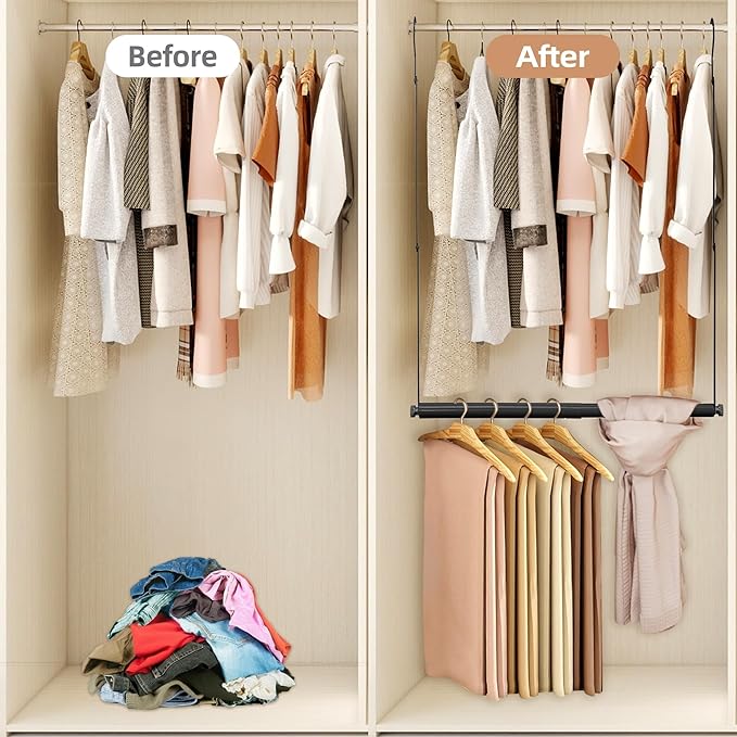 STORAGE MANIAC Adjustable Closet Rod Hanging Clothes Heavy Duty Closet Extender Hanging Rod Space-Saving Clothes Hanging Bar Double Closet Hanging Rod Hanging Closet Organizer Closet Bar,2 Pack Black